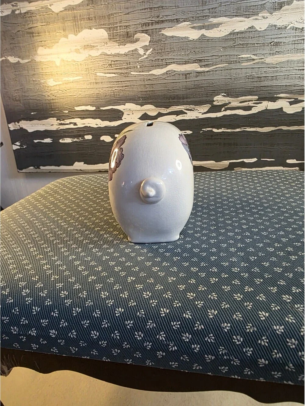 Signed Hand-Painted Ceramic Piggy Bank Purple Pansy Flowers Studio Pottery
